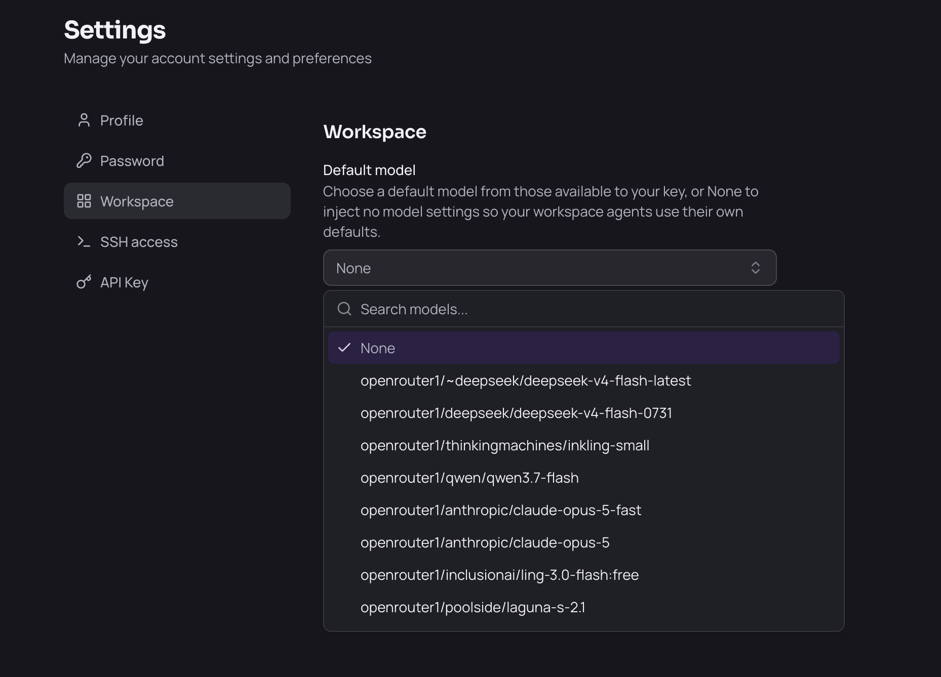The Default model picker open, listing None and the models available to your key