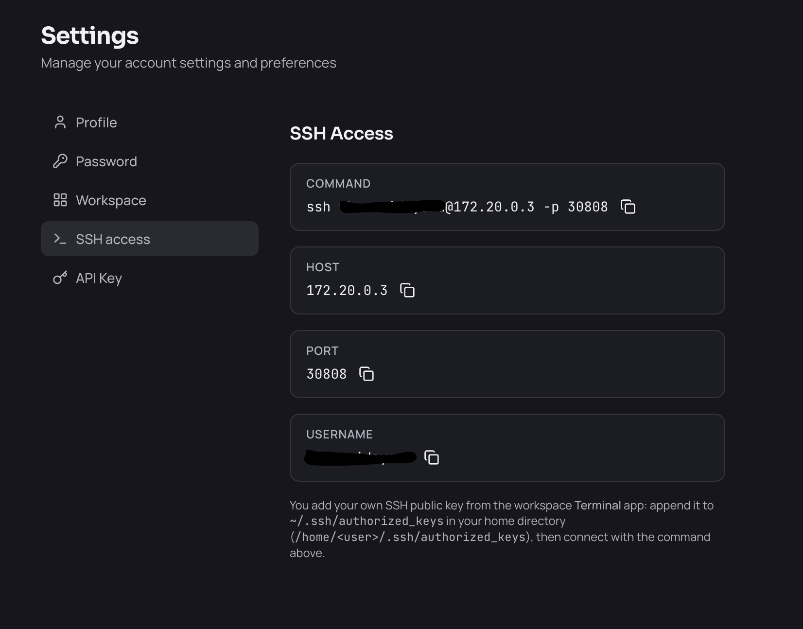 Settings → SSH access, showing the connection command, host, port and username