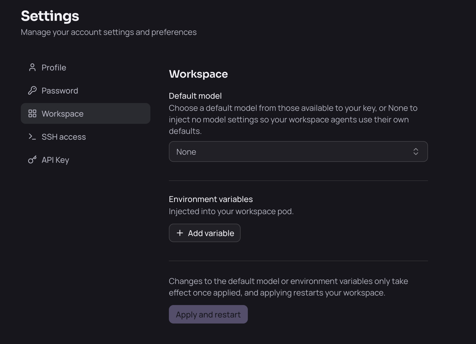 Settings → Workspace with Default model set to None