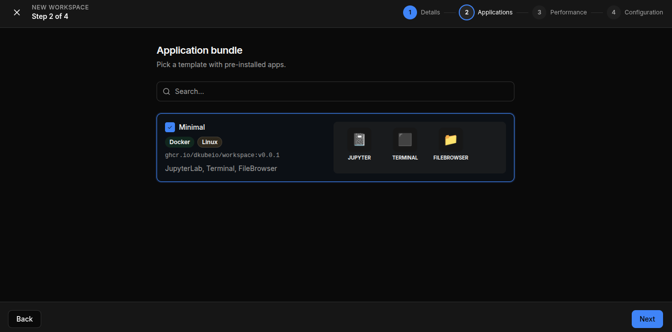 New Workspace Step 2 — picking an application bundle template