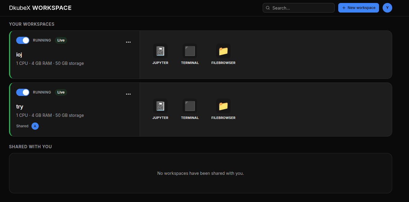 Home Dashboard showing Your Workspaces and Shared with You sections