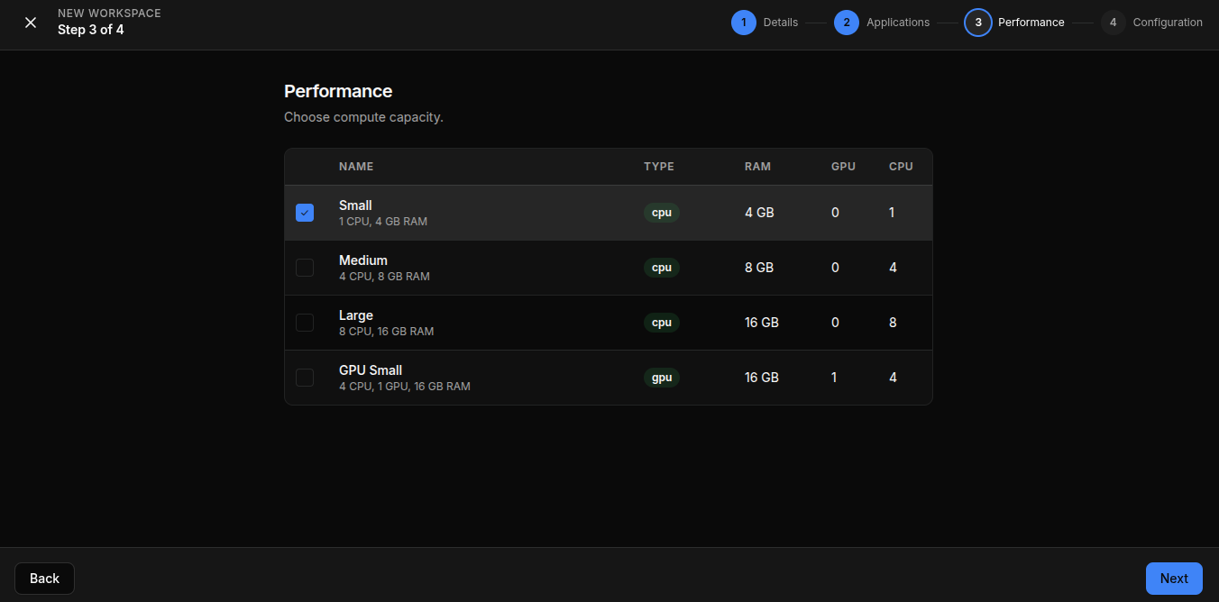 New Workspace Step 3 — choosing compute capacity
